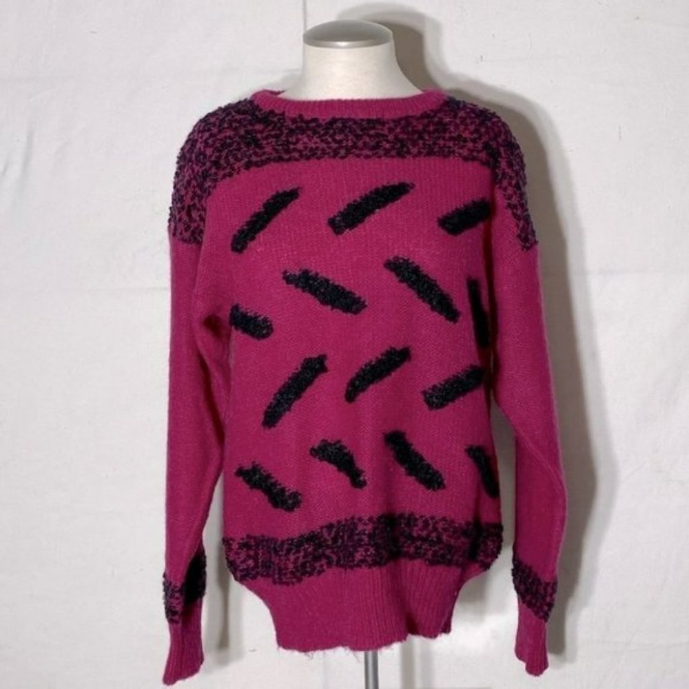 Vintage Franco Valeri Fuchsia Black Textured Knit Crew Neck Sweater  M